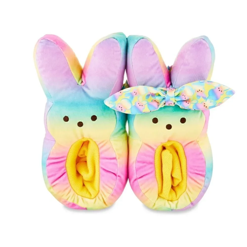 New Kids Easter Peeps Plush Bunny Rainbow Slippers, Size M 13-1